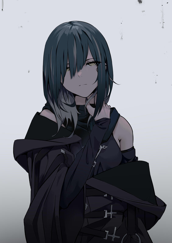 Anime Girl with Dark Hair — Black, Neutral, Digital Art