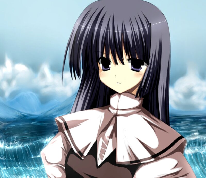 Anime Girl with Dark Hair — Blue, Calm, Ocean