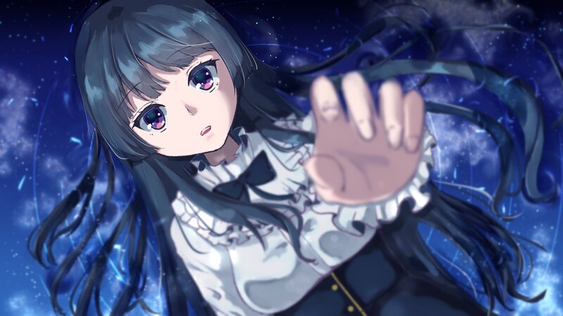 Anime Girl with Dark Hair — Blue, Dramatic, Night, Digital Art, Hand