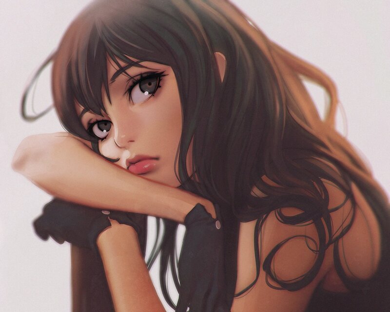 Anime Girl with Dark Hair — Brown, Pensive