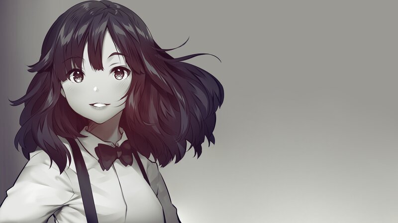 Anime Girl with Dark Hair — Gray, Calm, White Shirt