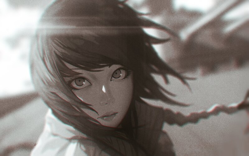 Anime Girl with Dark Hair — Gray