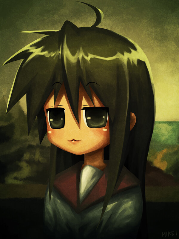 Anime Girl with Dark Hair — Green, Dramatic, Sunset