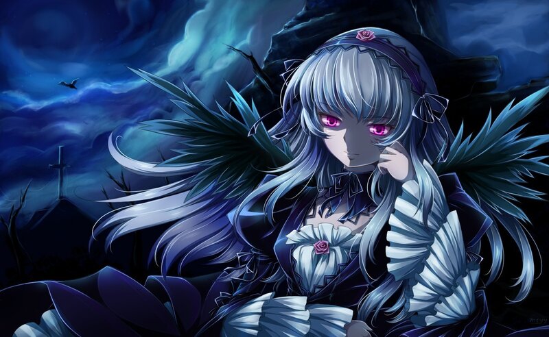 anime girl with dark wings