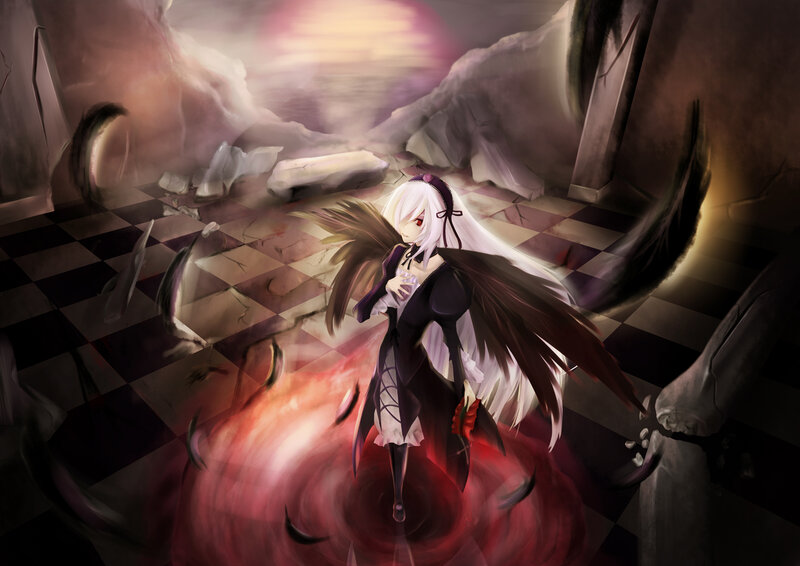 Anime girl with dark wings