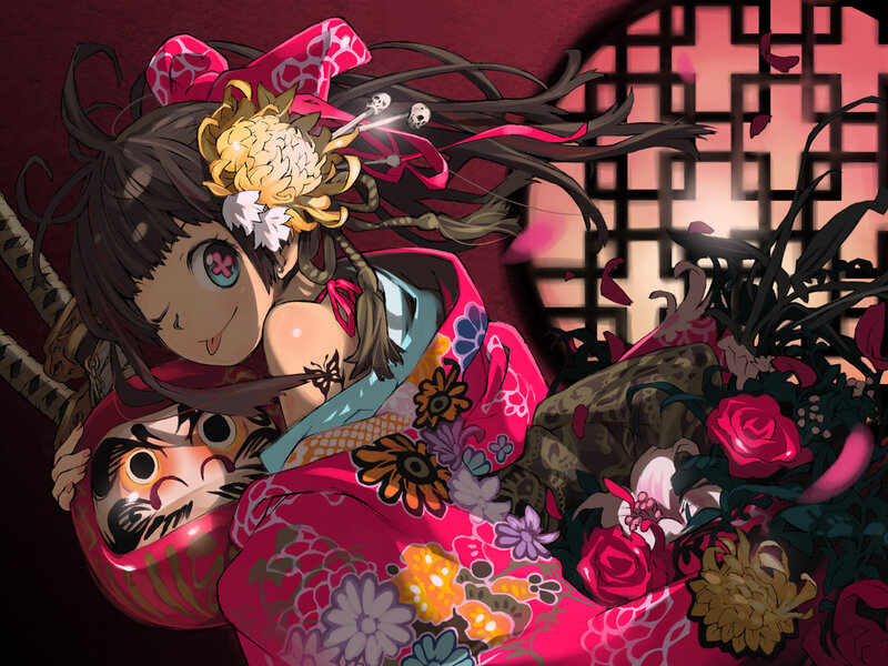 Anime Girl with Daruma Doll — Red
