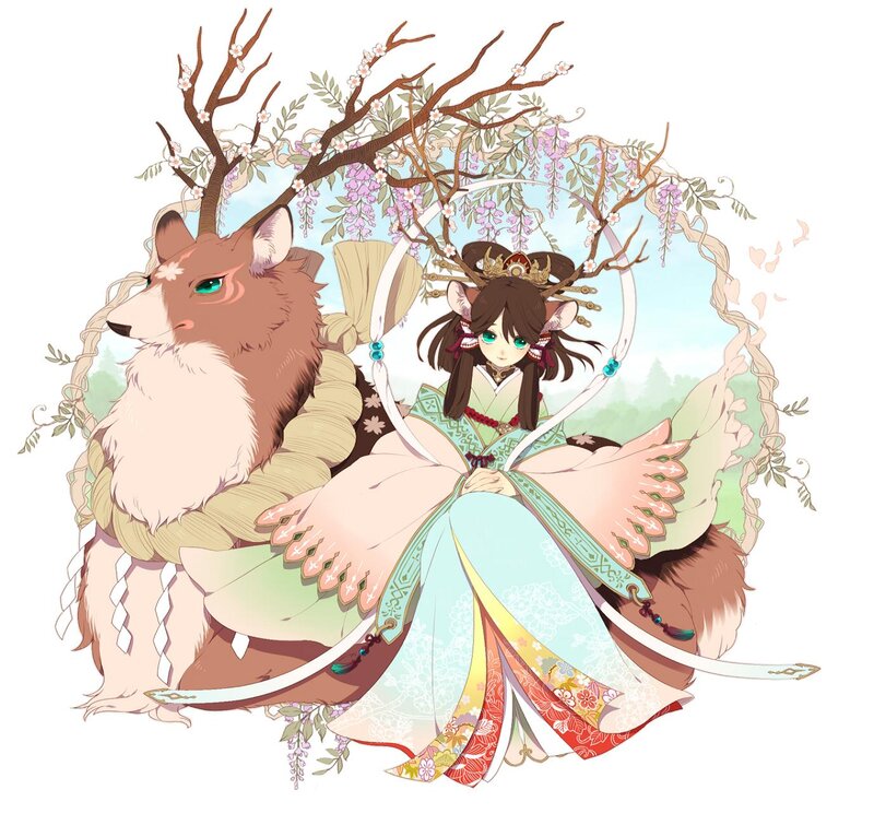 Anime Girl with Deer — Green