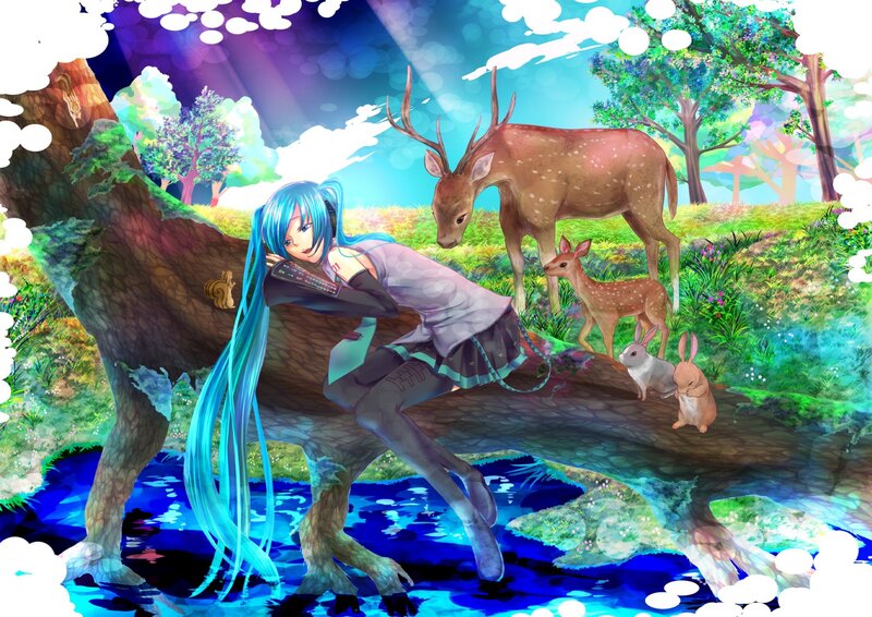 Anime girl with deer in forest