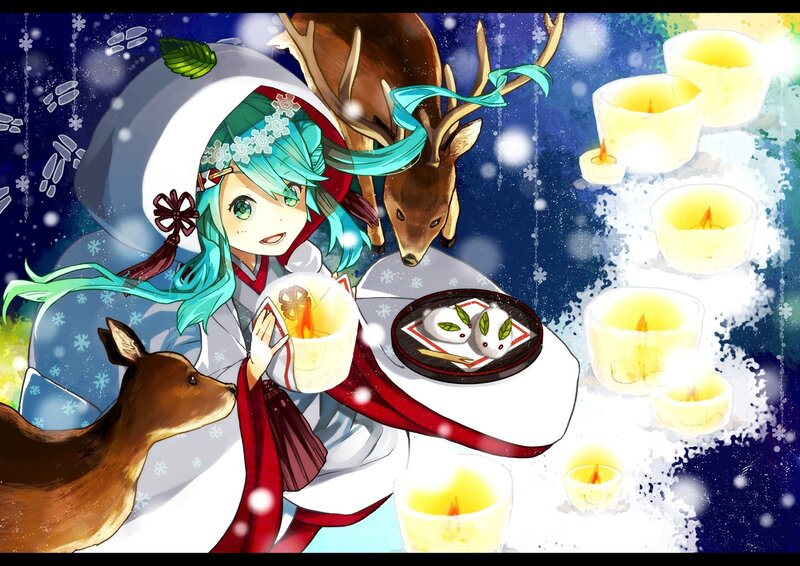 Anime girl with deer in snow