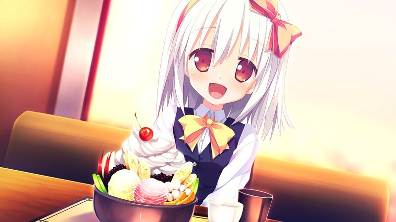 Anime Girl with Dessert — White, Happy
