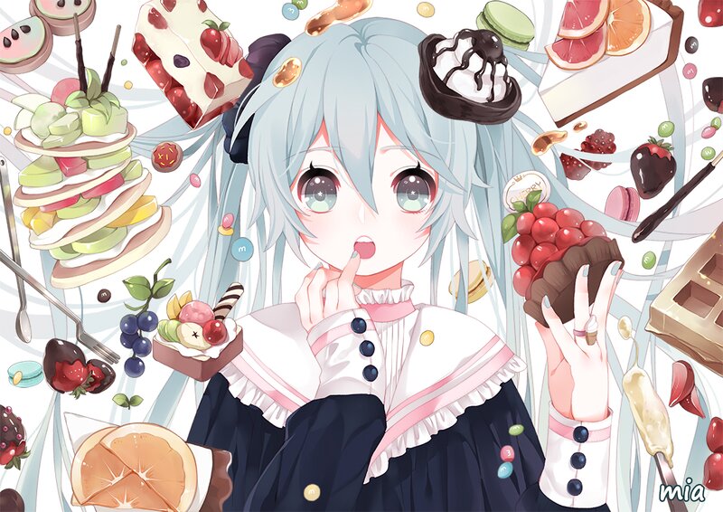 Anime Girl with Desserts — Blue, Playful