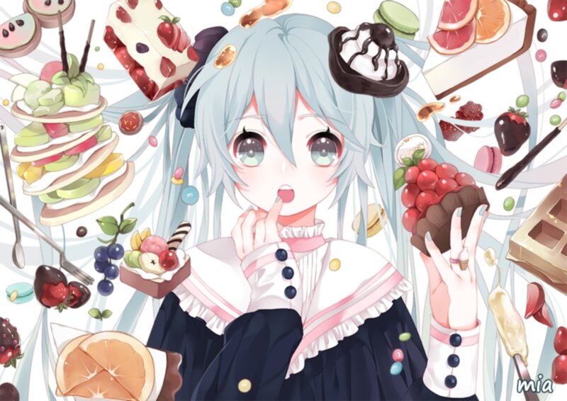 Anime Girl with Desserts — Blue