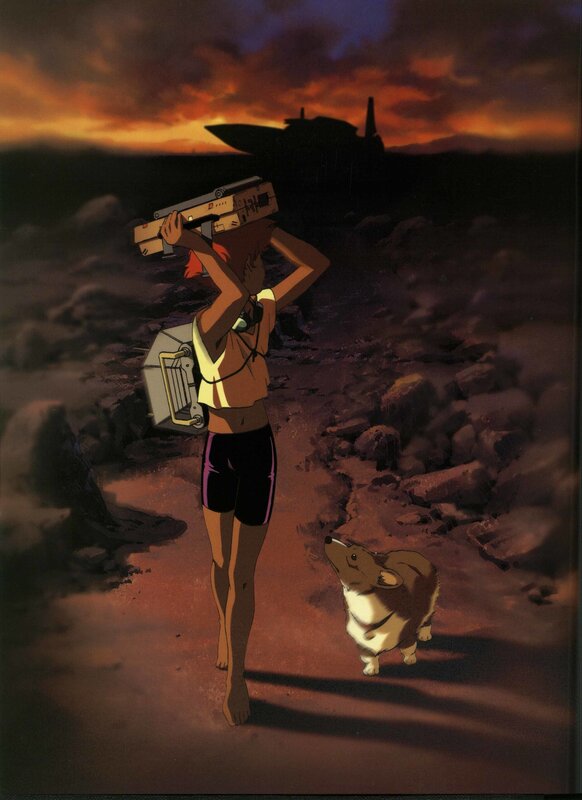 Anime girl with dog at sunset