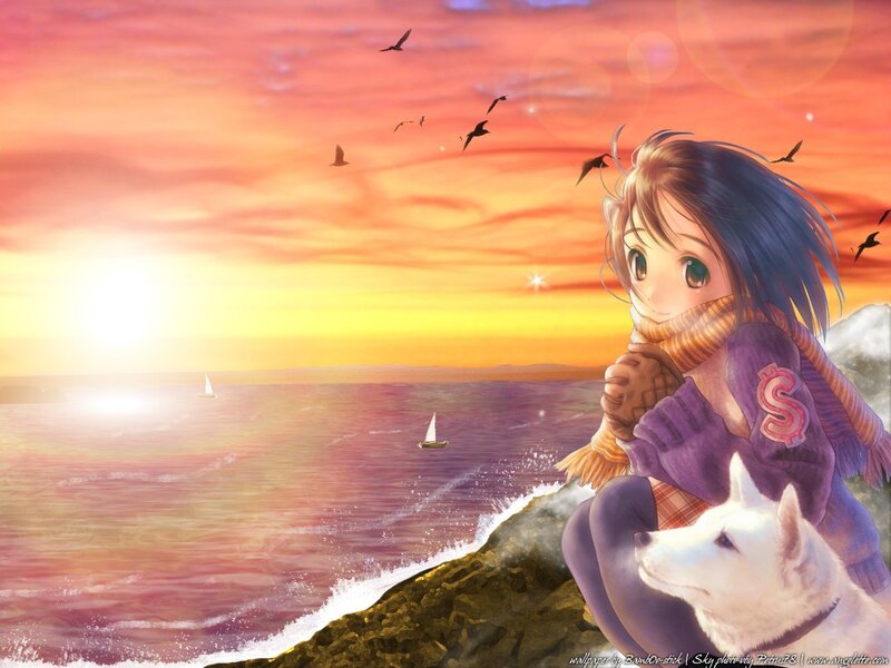 Anime girl with dog at sunset