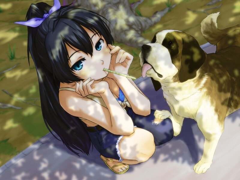 Anime Girl with Dog — Blue, Calm