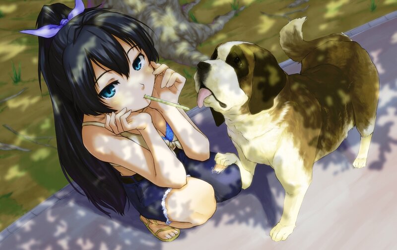 Anime Girl with Dog — Blue