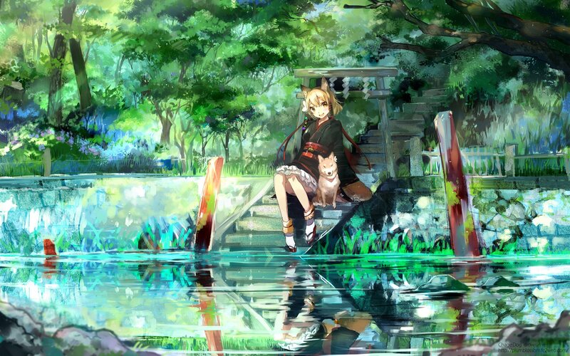 Anime girl with dog by pond