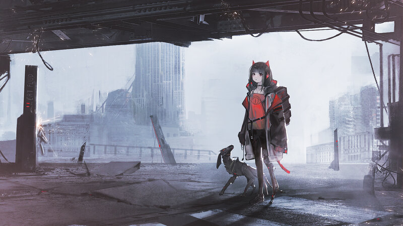 Anime Girl with Dog — Gray, Dramatic, Digital Art