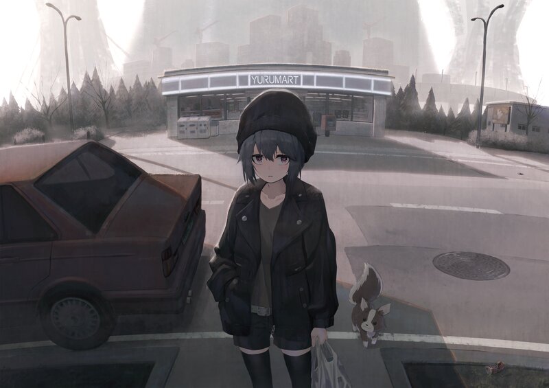 Anime Girl with Dog — Gray