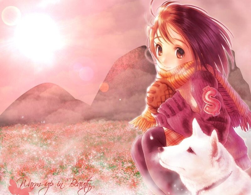 Anime girl with dog in field