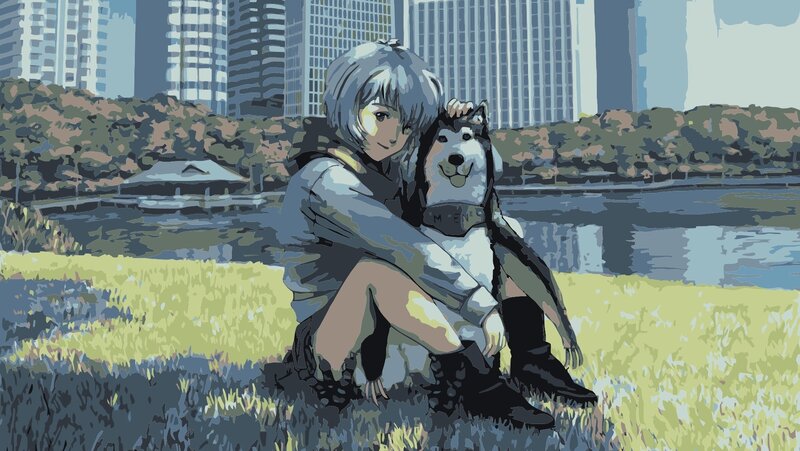anime girl with dog in park