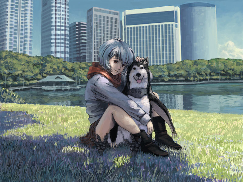 Anime girl with dog in park