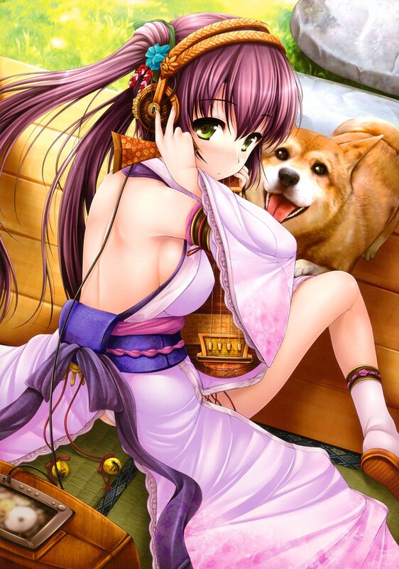 Anime girl with dog listening to music