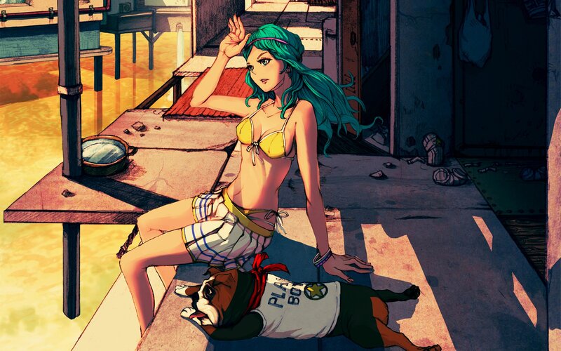 anime girl with dog on dock