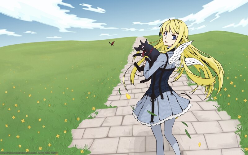 Anime girl with dog on path