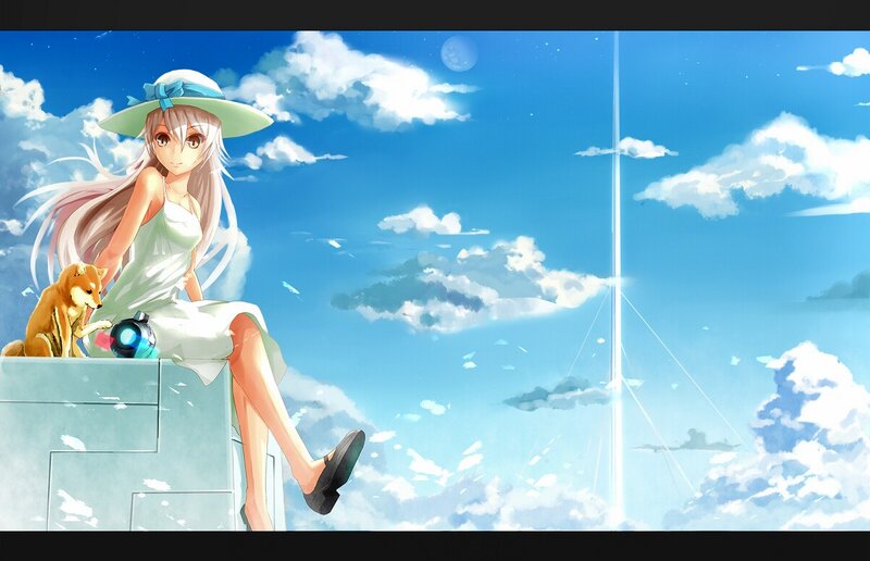 Anime girl with dog on rooftop
