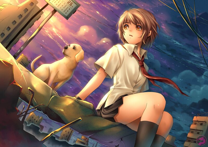 Anime girl with dog on rubble
