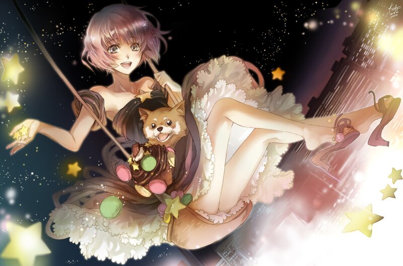 Anime girl with dog on swing