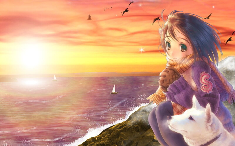 Anime Girl with Dog — Orange