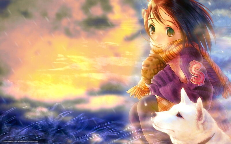 Anime Girl with Dog — Purple, Dramatic, Sunset
