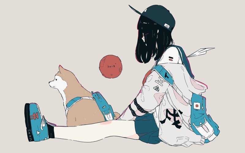 Anime Girl with Dog — White