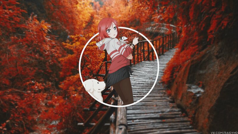 Anime Girl with Dogs — Red, Serene