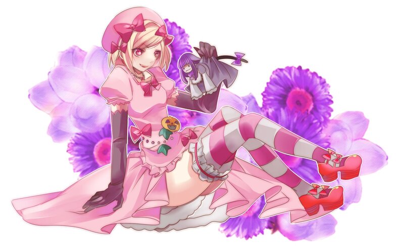 anime girl with doll and flowers