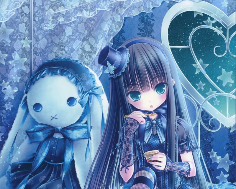 Anime Girl with Doll — Blue, Dreamy