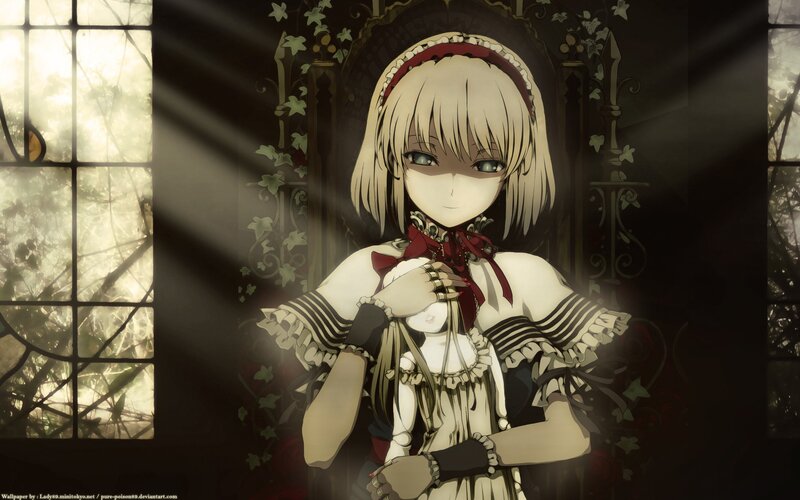 anime girl with doll in dark room