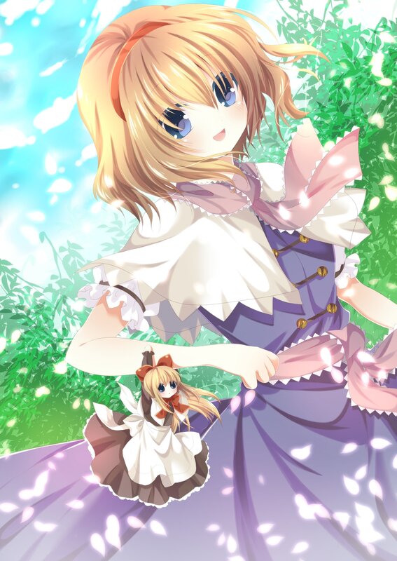Anime girl with doll in garden
