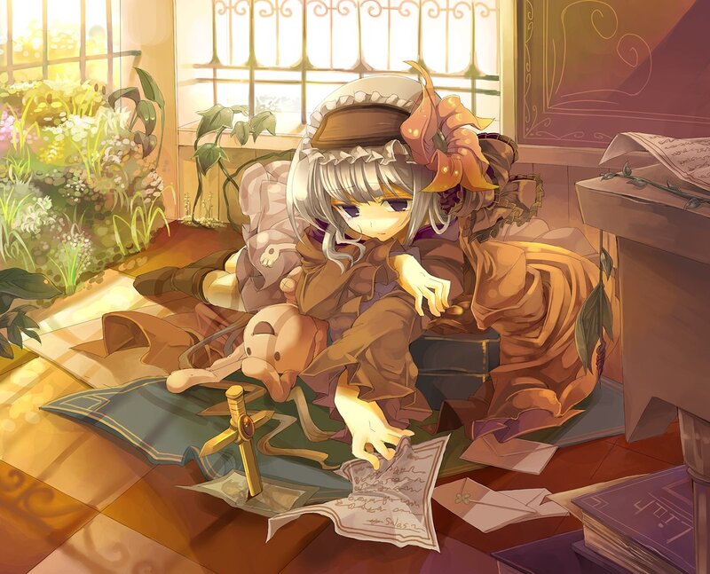 Anime girl with doll in sunlit room