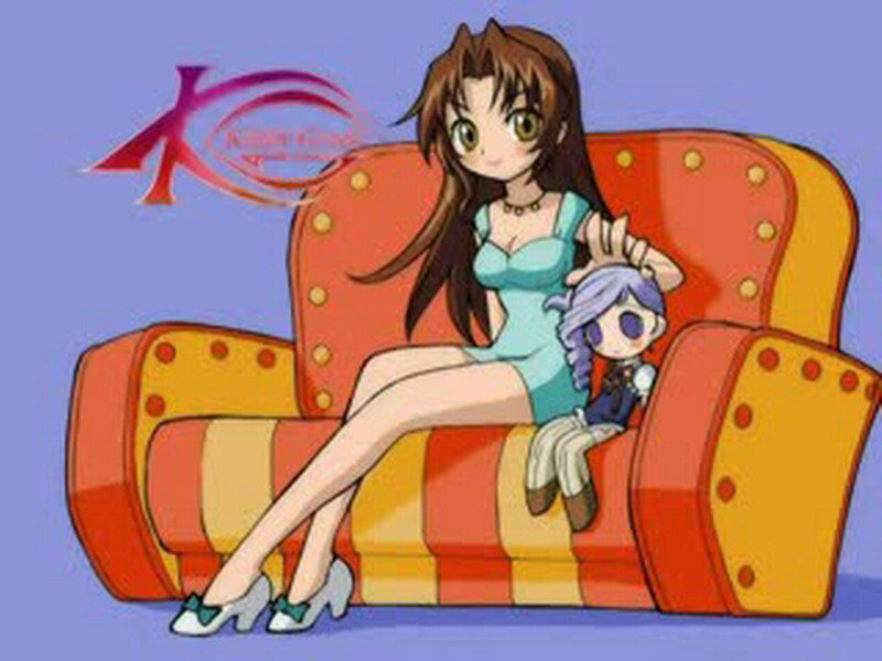 Anime girl with doll on couch