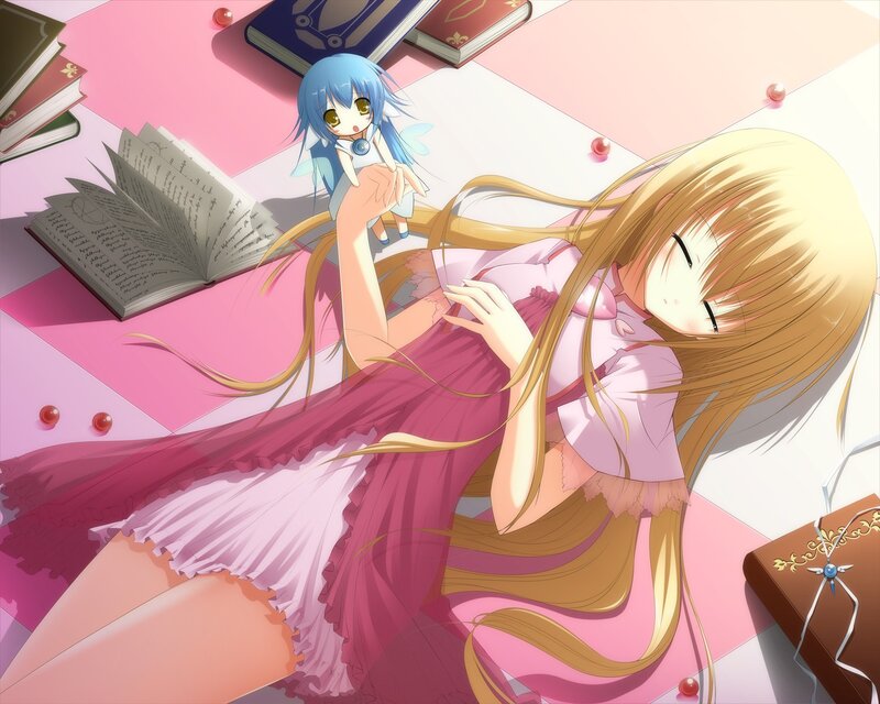 Anime girl with doll on floor