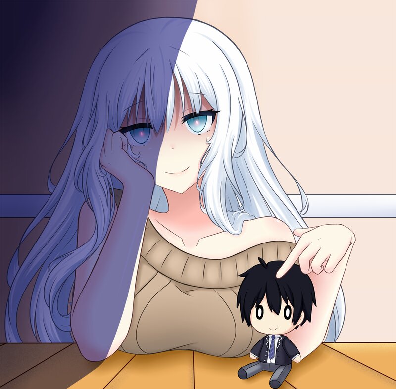 Anime Girl with Doll — White, Calm