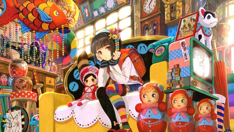 Anime Girl with Dolls — Yellow
