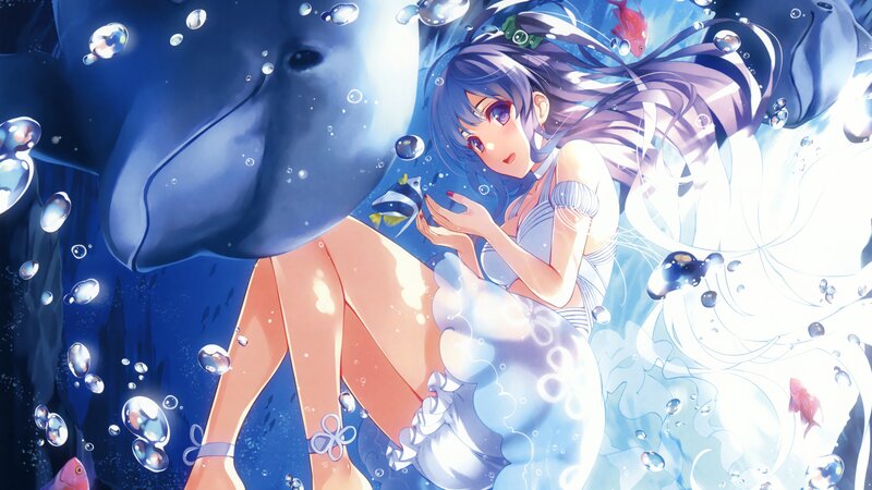 Anime Girl with Dolphin — Blue, Serene, Bubbles