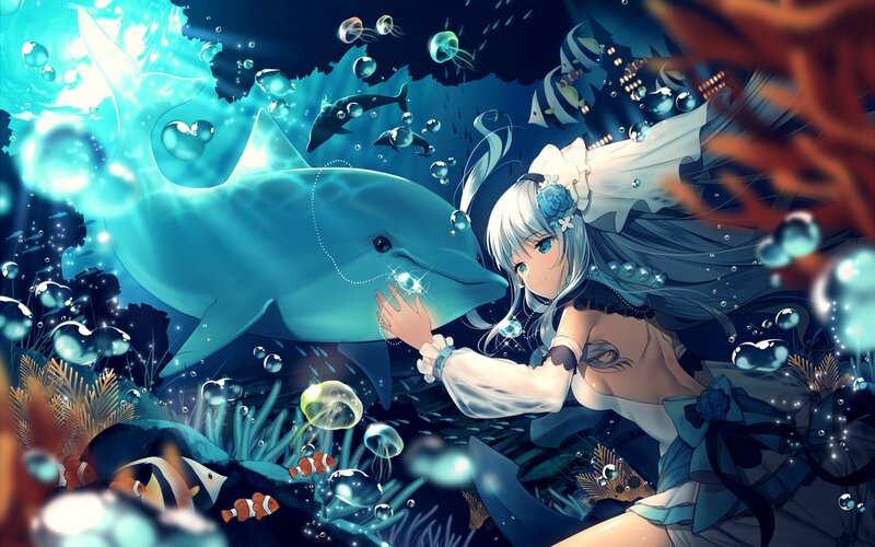 Anime Girl with Dolphin — Blue, Serene, Night