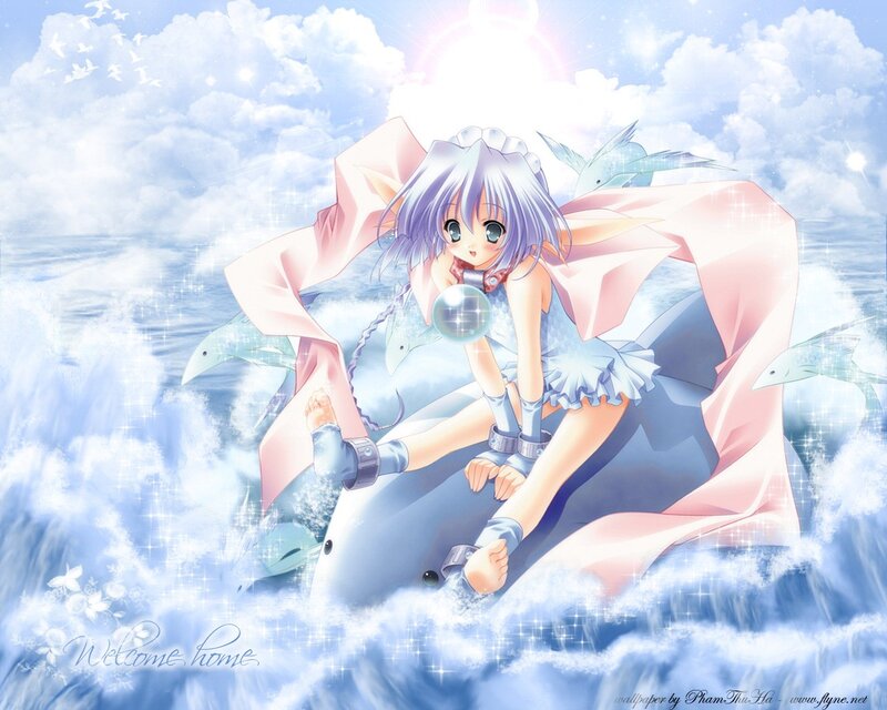 anime girl with dolphins
