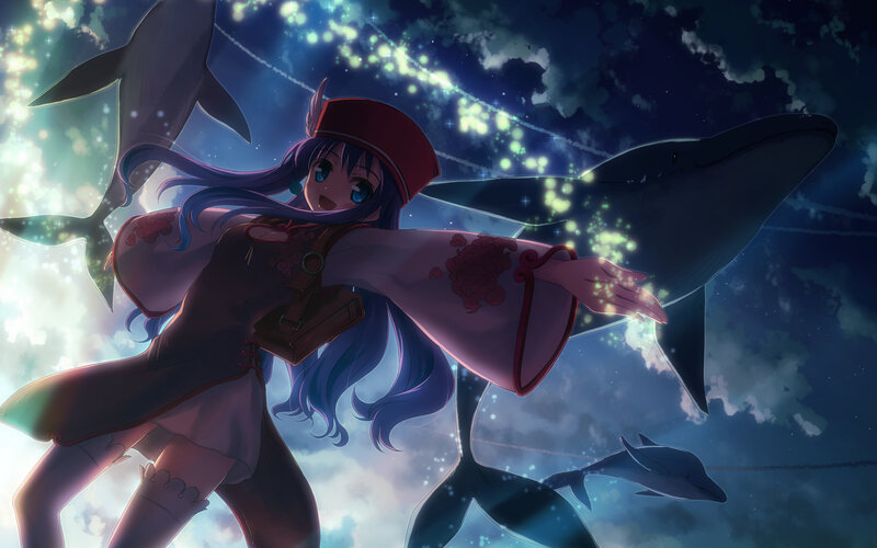 Anime Girl with Dolphins — Blue, Magical