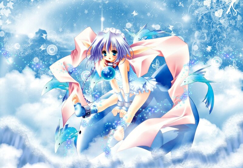 Anime Girl with Dolphins — Blue